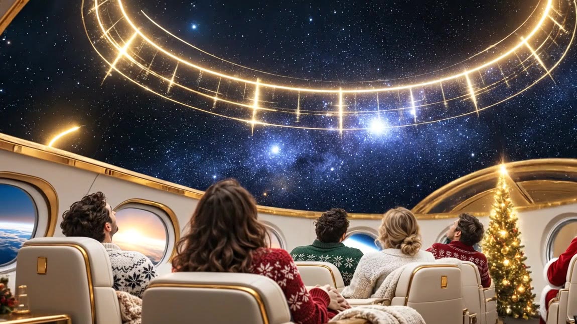 Reizigers in kersttruien in de cabine van de tijdshuttle
