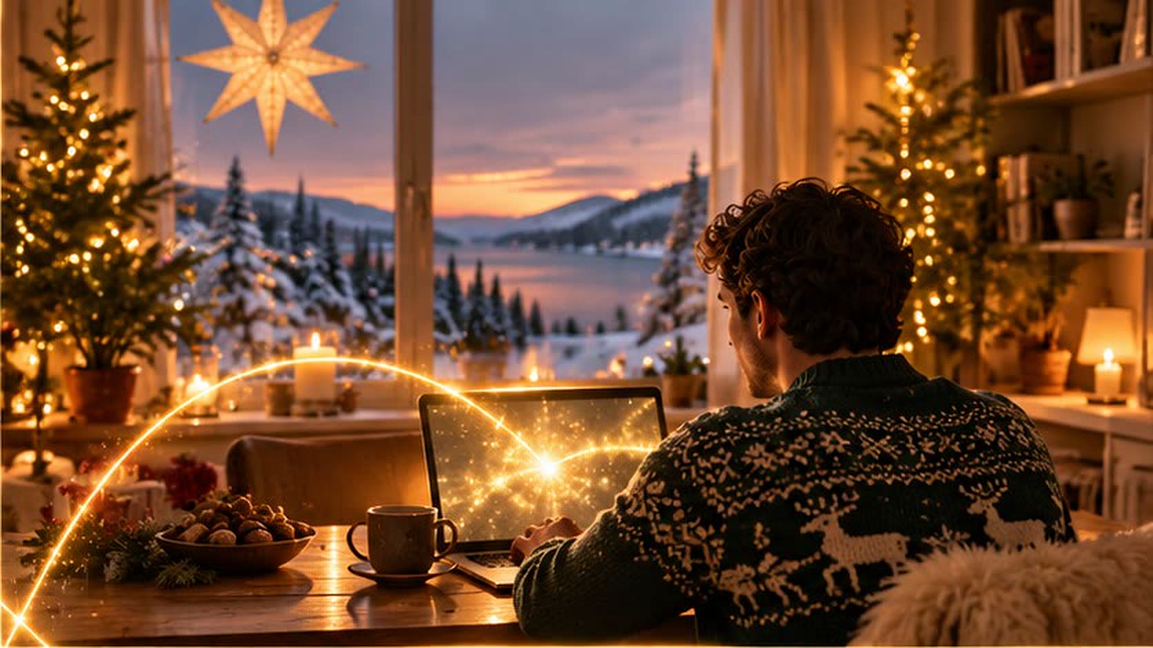 Een reiziger in kersttrui achter de laptop, thuis tussen de kerstlichtjes